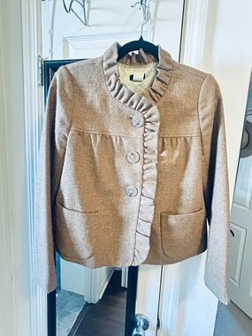 J. Crew Taupe Ruffle-Trim Wool Blend Jacket